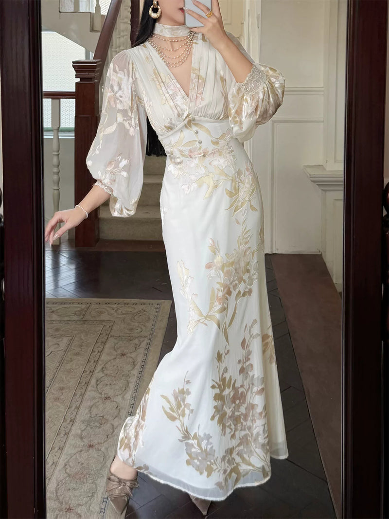 Floral V-Neck Chiffon Maxi Dress - garment detail