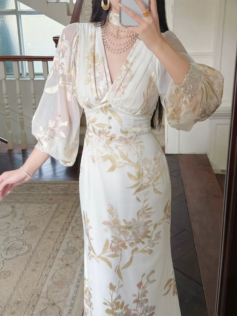 Floral V-Neck Chiffon Maxi Dress - garment detail