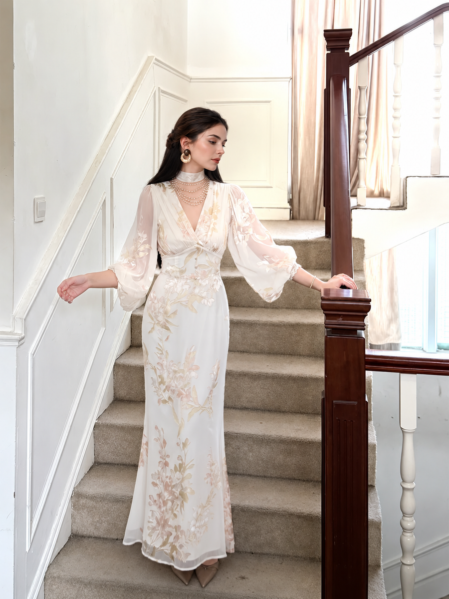 Floral V-Neck Chiffon Maxi Dress