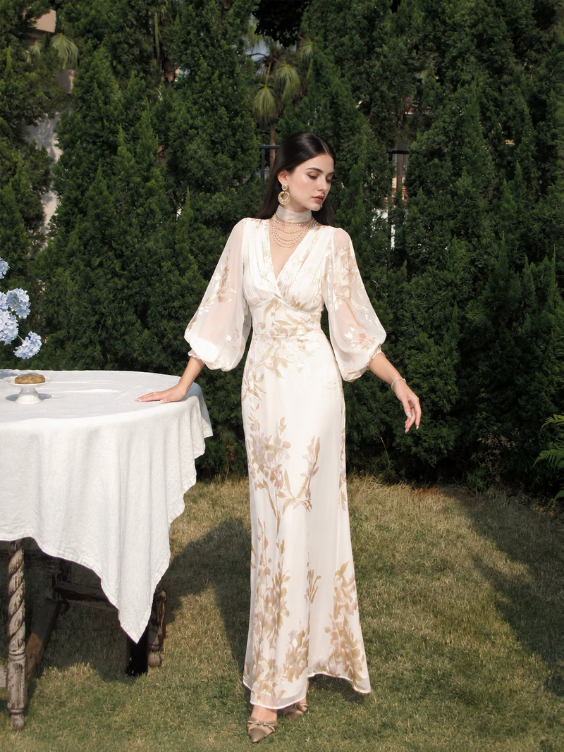 Floral V-Neck Chiffon Maxi Dress - Ivory Floral
