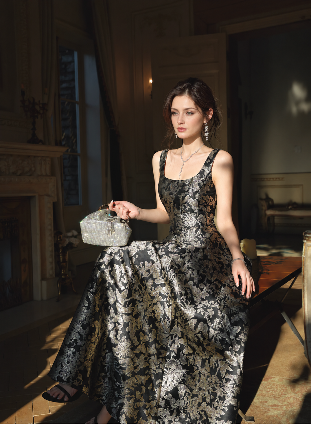 Black and Gold Botanical Jacquard Cocktail Dress - Black and Gold
