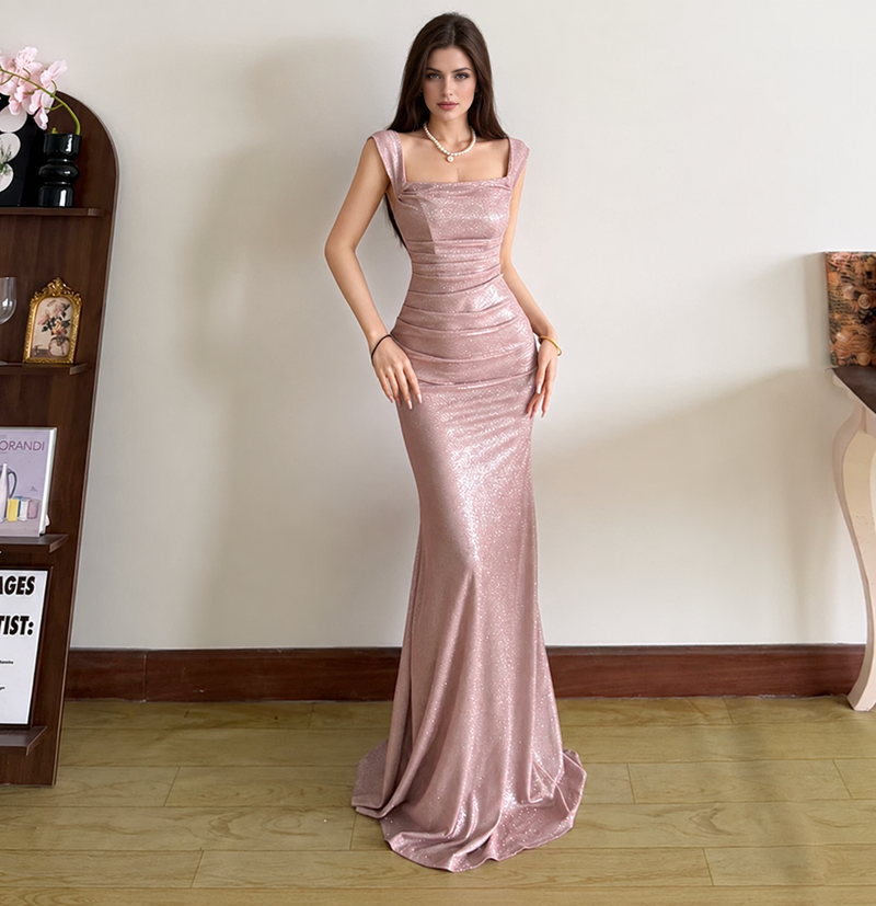 Pink Shimmer Ruched Mermaid Prom Dress, pink, front view