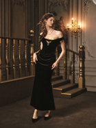 Off-Shoulder Velvet Corset Maxi Dress - Black