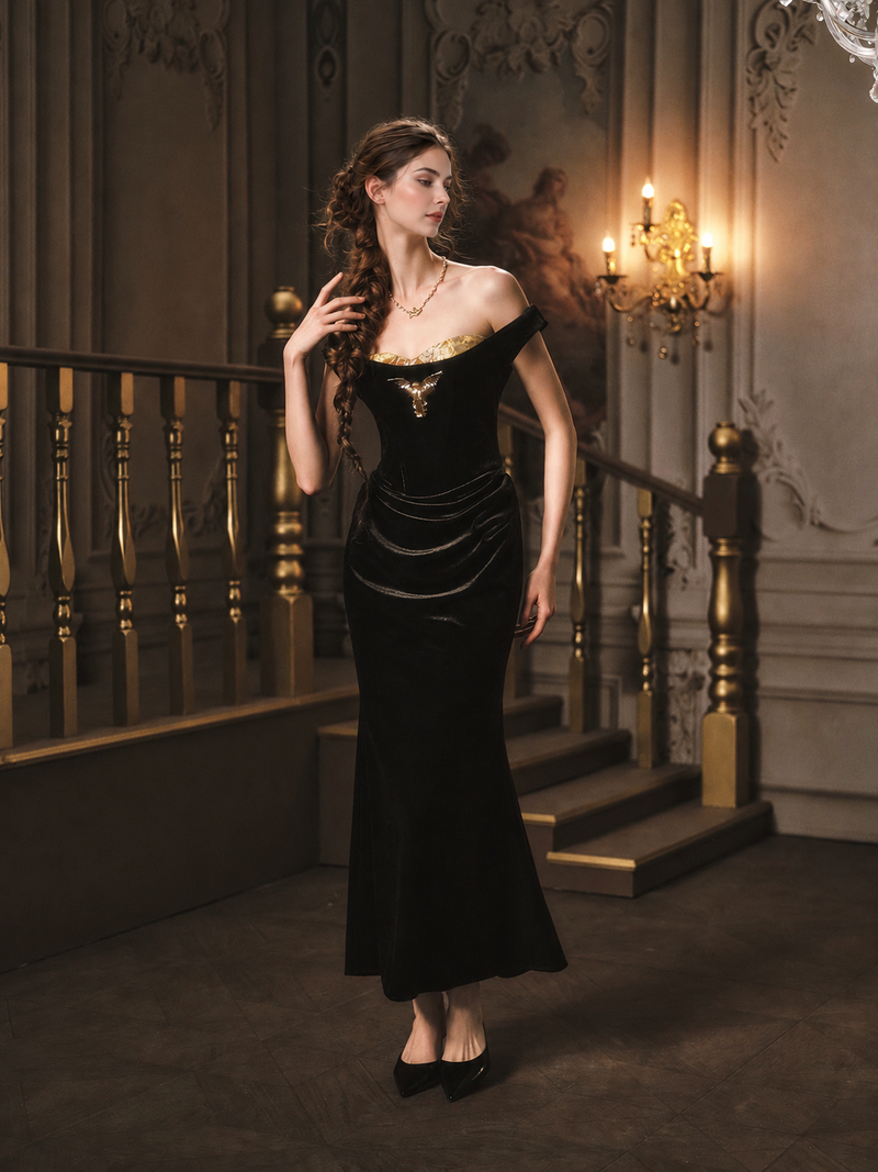 Off-Shoulder Velvet Corset Maxi Dress - Black