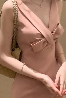 V-Neck Bow-Front Fitted Cocktail Dress - garment detail