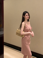 V-Neck Bow-Front Fitted Cocktail Dress - Salmon Pink