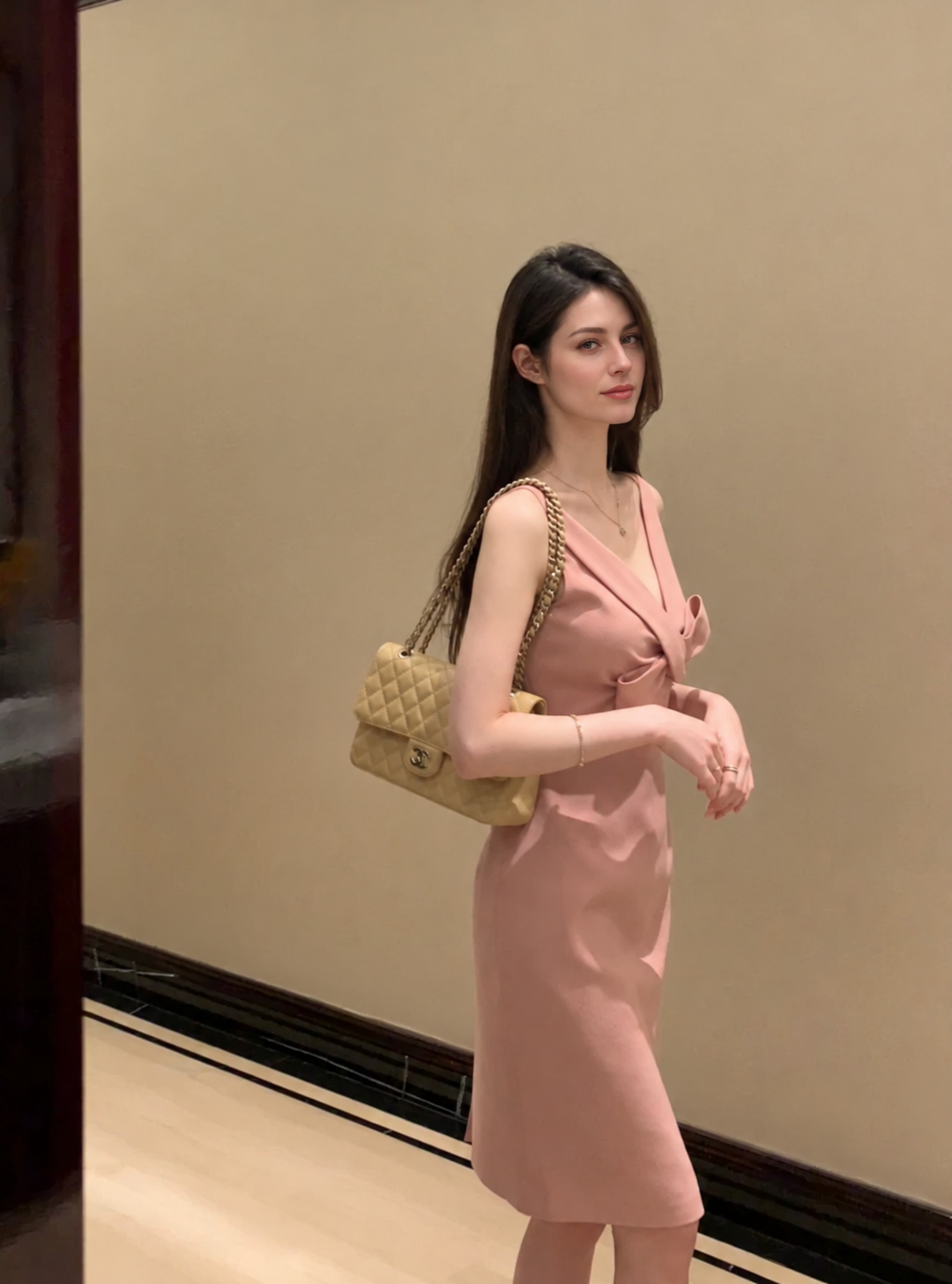 V-Neck Bow-Front Fitted Cocktail Dress - Salmon Pink
