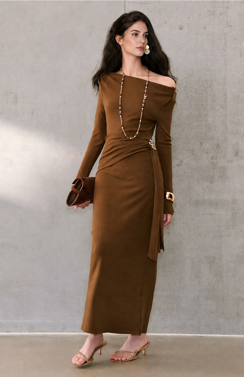 Off-Shoulder Brooch Detail Ruched Maxi Dress - Brown