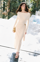 Off-Shoulder Brooch Detail Ruched Maxi Dress - Cream