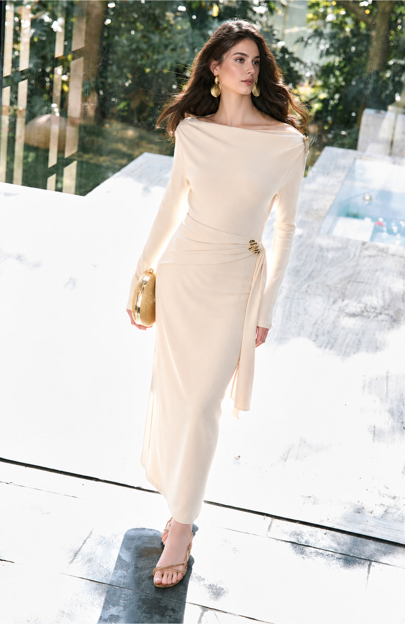 Off-Shoulder Brooch Detail Ruched Maxi Dress - Cream