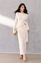 Off-Shoulder Brooch Detail Ruched Maxi Dress - Cream
