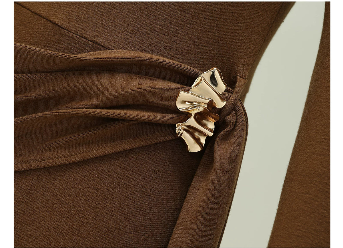 Off-Shoulder Brooch Detail Ruched Maxi Dress - Brown