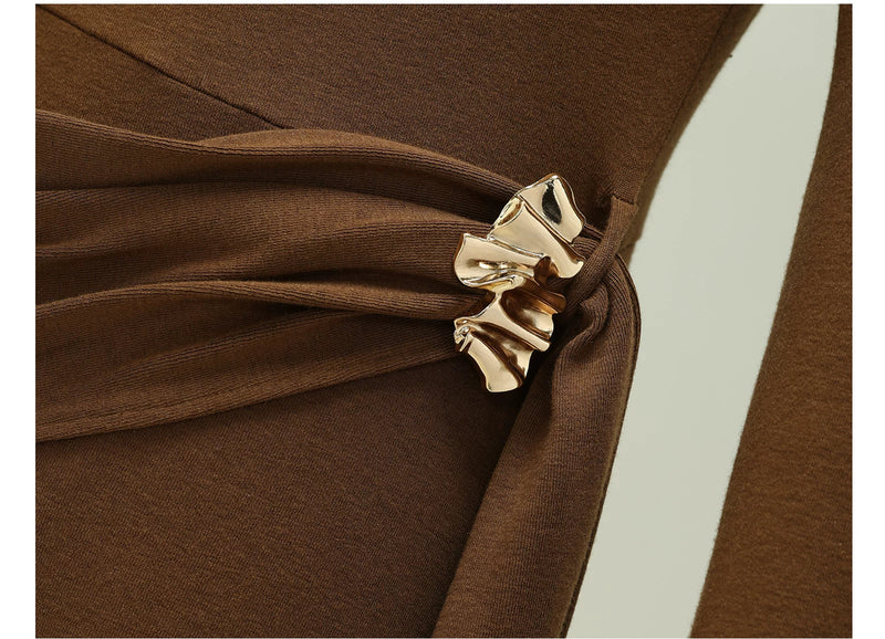 Off-Shoulder Brooch Detail Ruched Maxi Dress - Brown