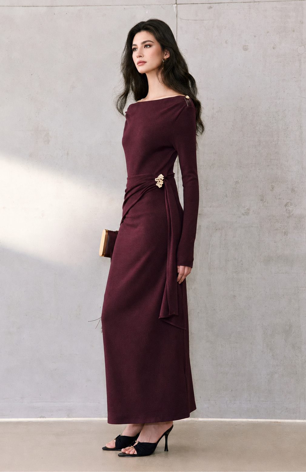 Off-Shoulder Brooch Detail Ruched Maxi Dress - Plum