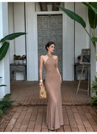 Khaki Cross Halter Gathered Maxi Dress - Khaki