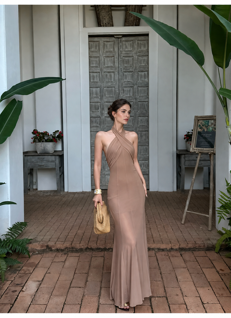Khaki Cross Halter Gathered Maxi Dress - Khaki