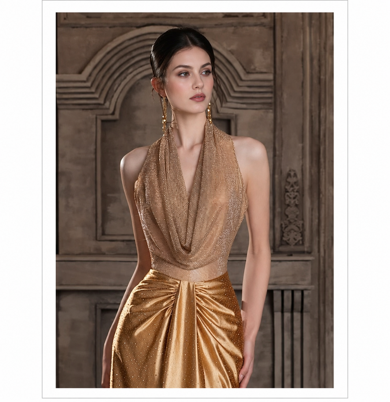 Gold Halter Sequin Evening Gown - Gold
