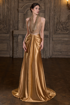 Gold Halter Sequin Evening Gown - Gold