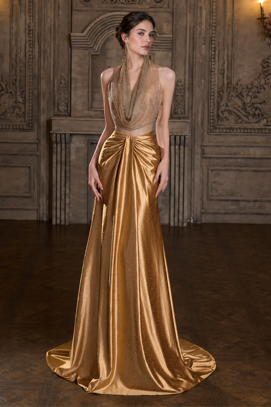 Gold Halter Sequin Evening Gown