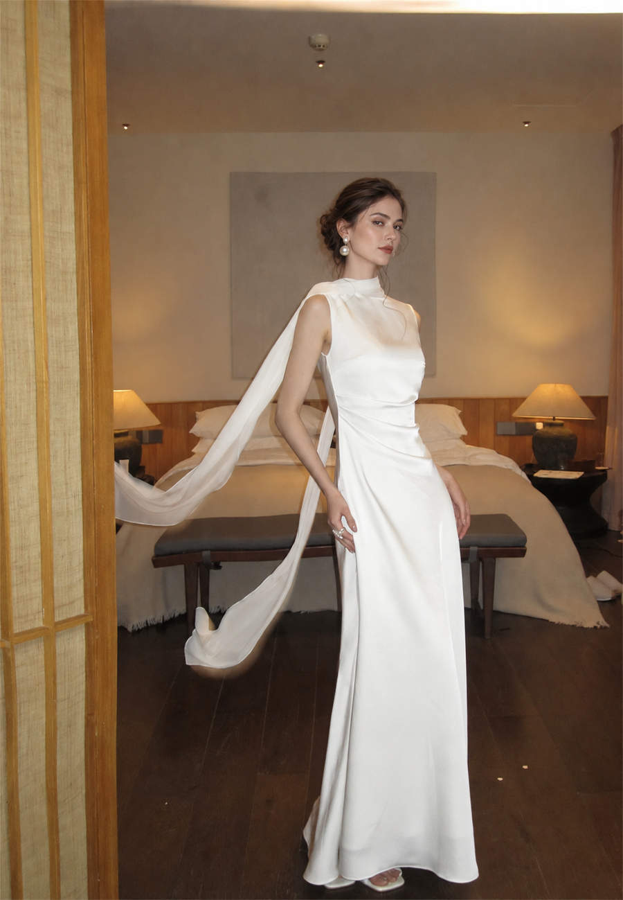 Draped Satin Scarf Maxi Dress