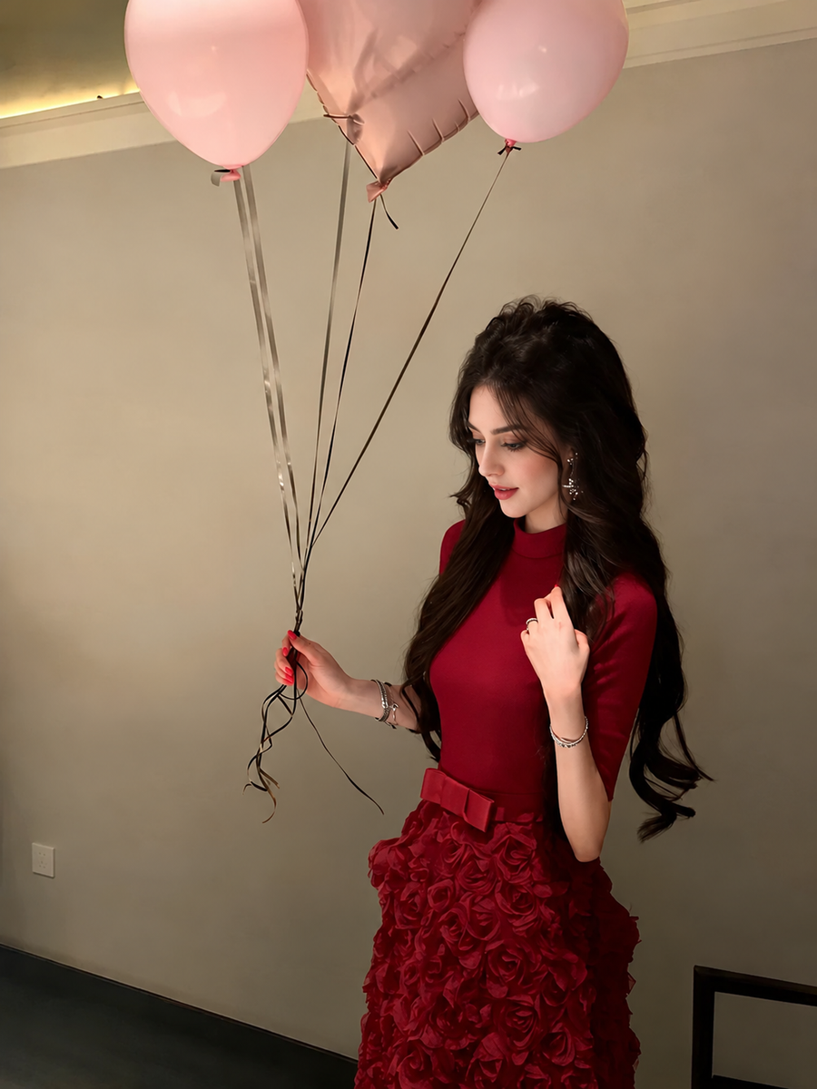 Red Floral-Applique Bow Party Dress