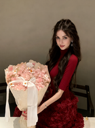 Red Floral-Applique Bow Party Dress - Red