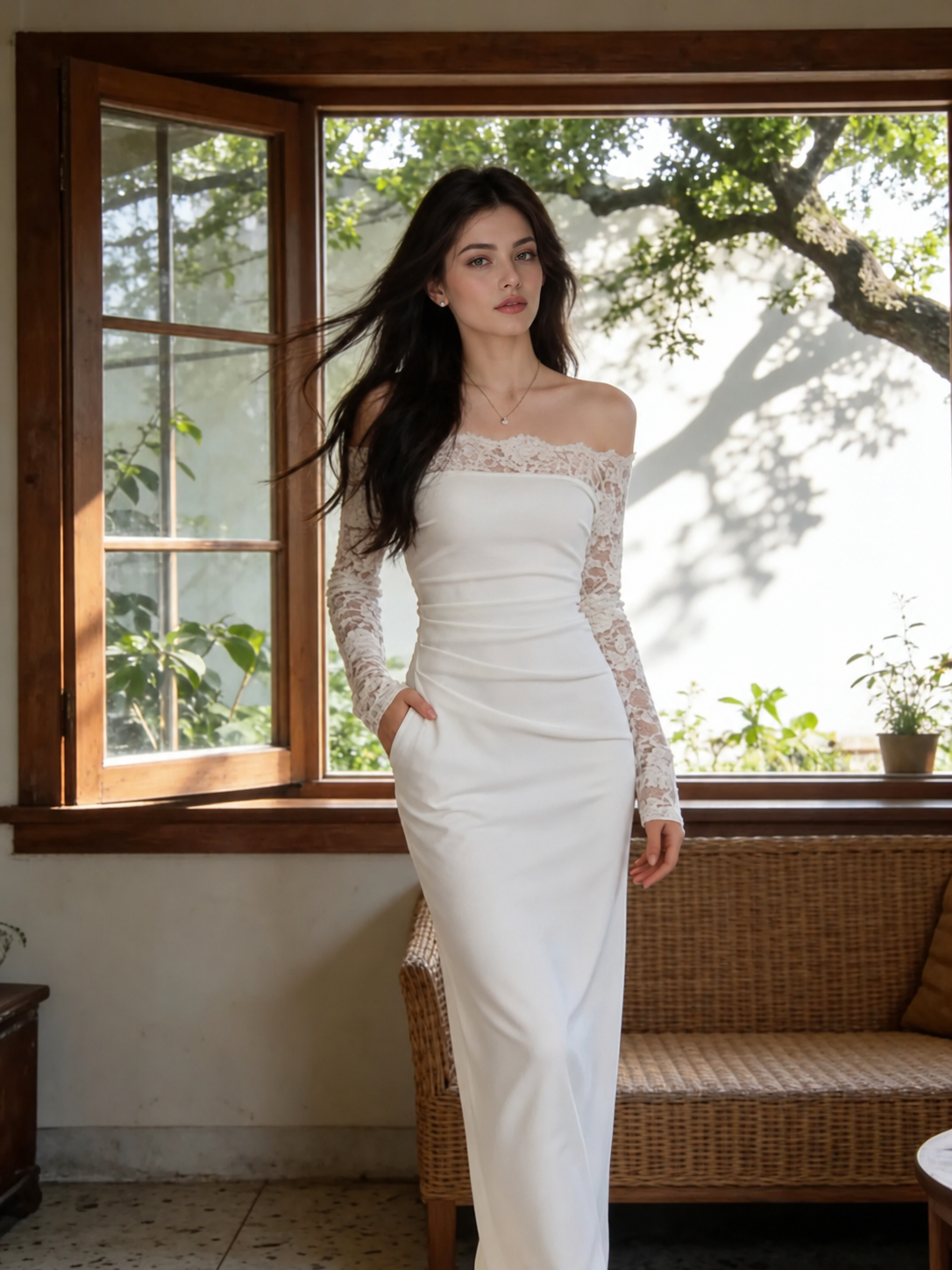 White Off-Shoulder Lace Long-Sleeve Maxi Dress - White