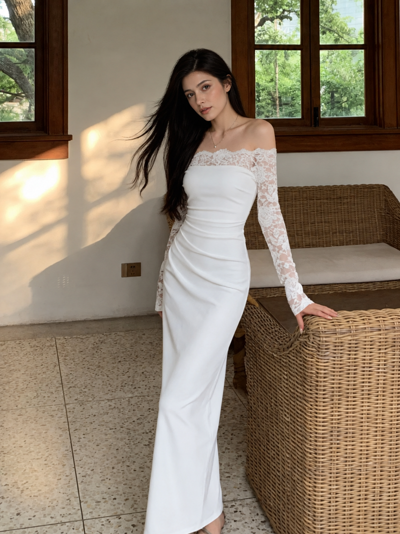 White Off-Shoulder Lace Long-Sleeve Maxi Dress - White