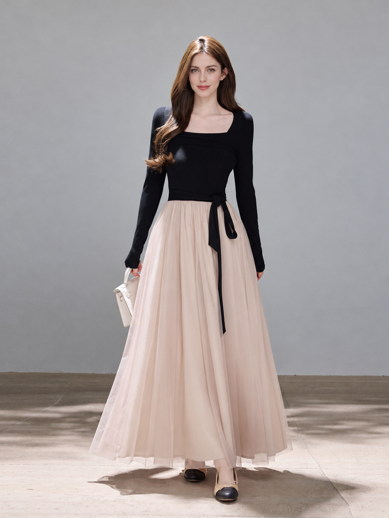 Black and Blush Tulle Evening Maxi Dress - Black and Blush / Long Sleeves