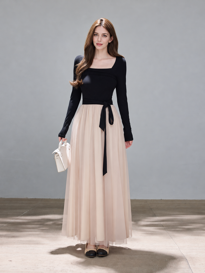 Black and Blush Tulle Evening Maxi Dress - Black and Blush / Long Sleeves
