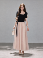 Black and Blush Tulle Evening Maxi Dress - Black and Blush / Short Sleeves