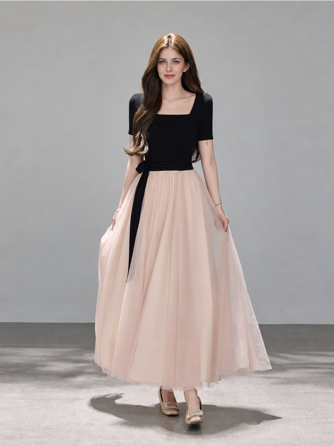 Black and Blush Tulle Evening Maxi Dress - Black and Blush / Short Sleeves