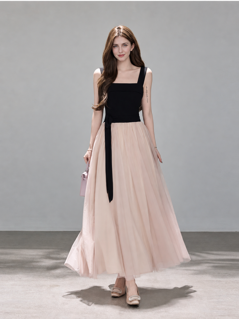 Black and Blush Tulle Evening Maxi Dress - Black and Blush / Sleeveless