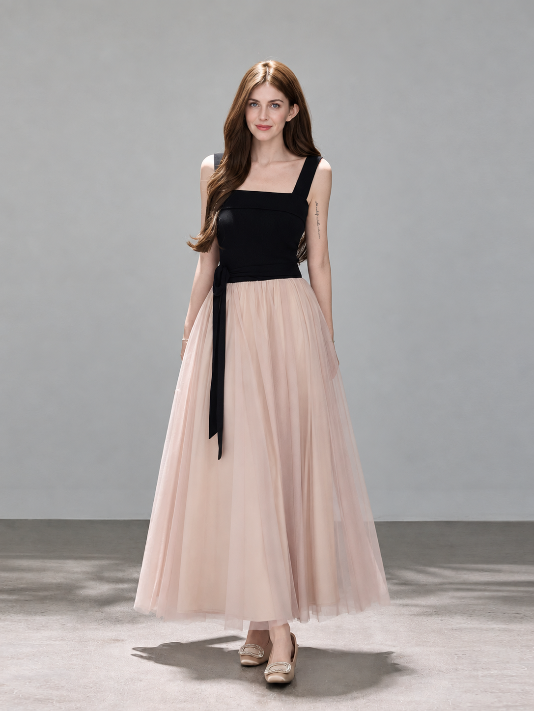 Black and Blush Tulle Evening Maxi Dress - Black and Blush / Sleeveless