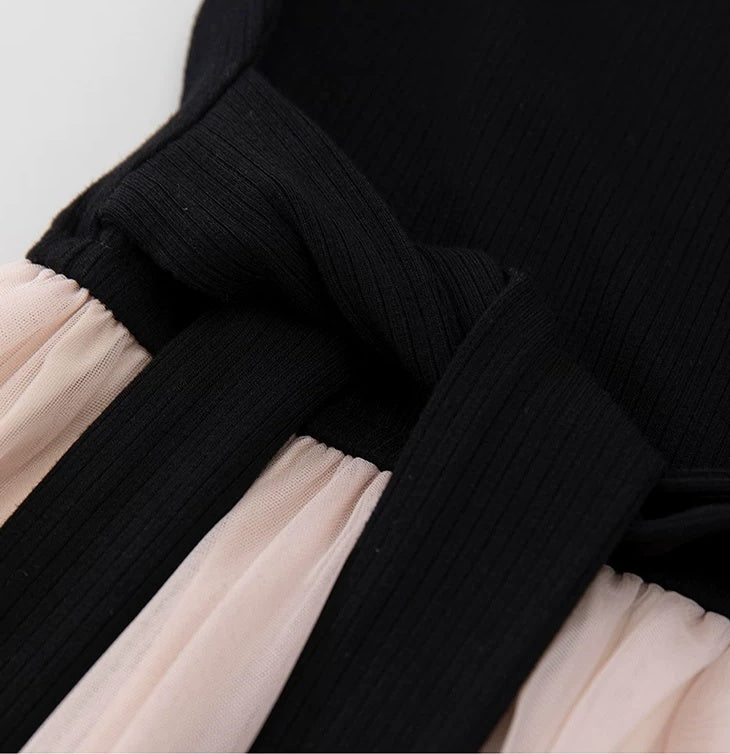 Black and Blush Tulle Evening Maxi Dress - garment detail