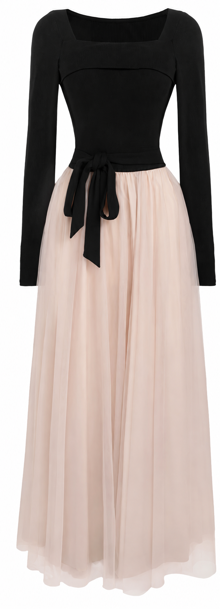 Black and Blush Tulle Evening Maxi Dress - garment detail
