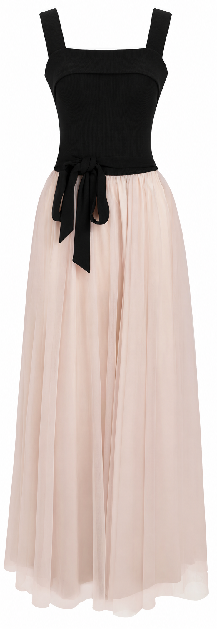 Black and Blush Tulle Evening Maxi Dress - garment detail