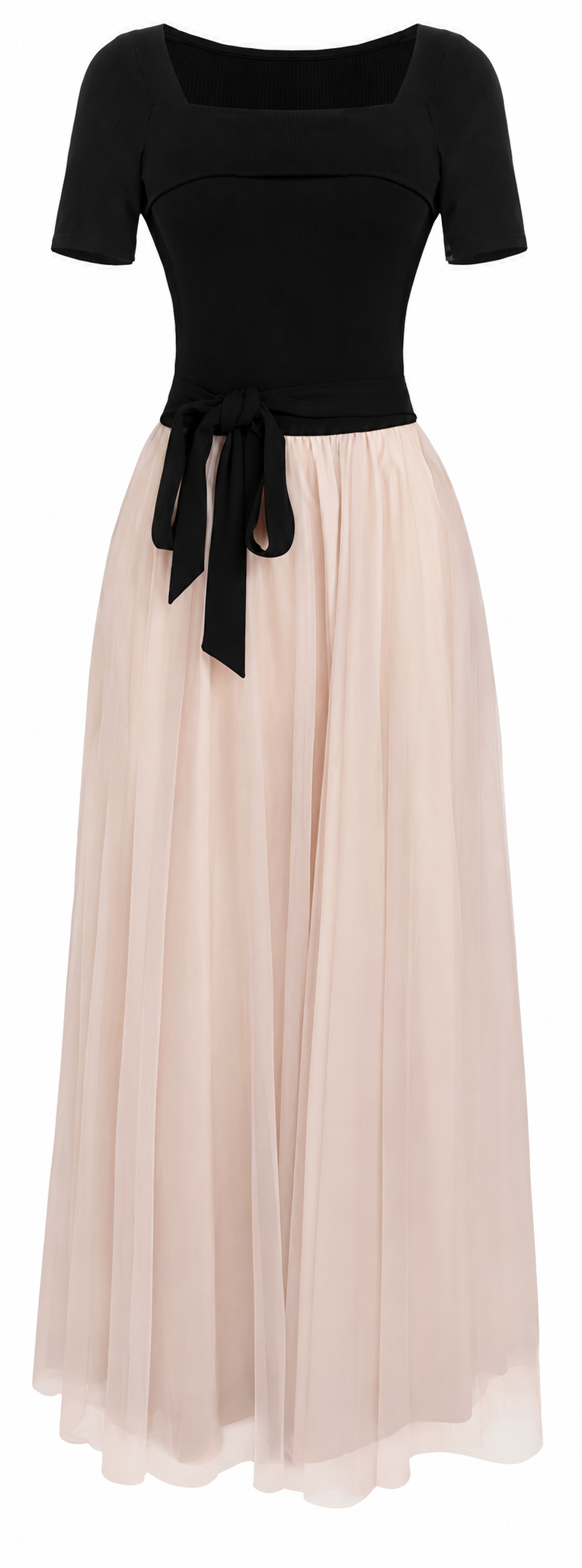 Black and Blush Tulle Evening Maxi Dress - garment detail