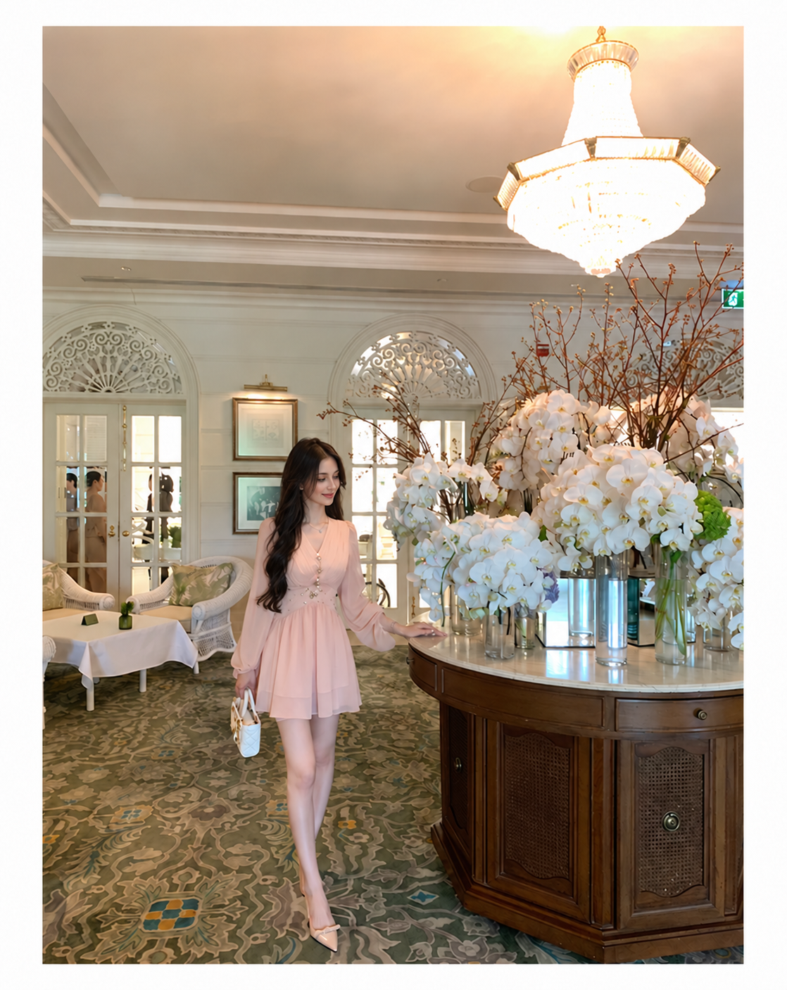 Peach Pink V-Neck Long-Sleeve Occasion Dress, peach pink / short, front view