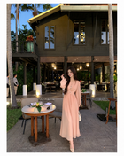 Peach Pink V-Neck Long-Sleeve Occasion Dress, peach pink / long, front view