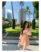Peach Pink V-Neck Long-Sleeve Occasion Dress, peach pink / short, additional view