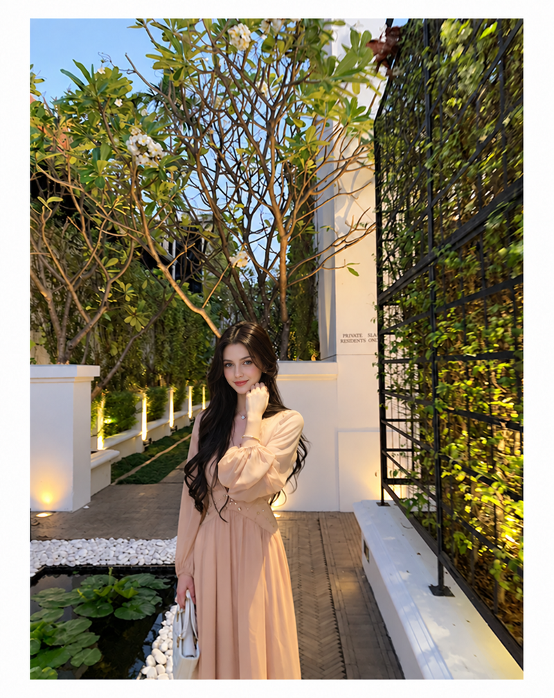 Peach Pink V-Neck Long-Sleeve Occasion Dress, peach pink / long, additional view
