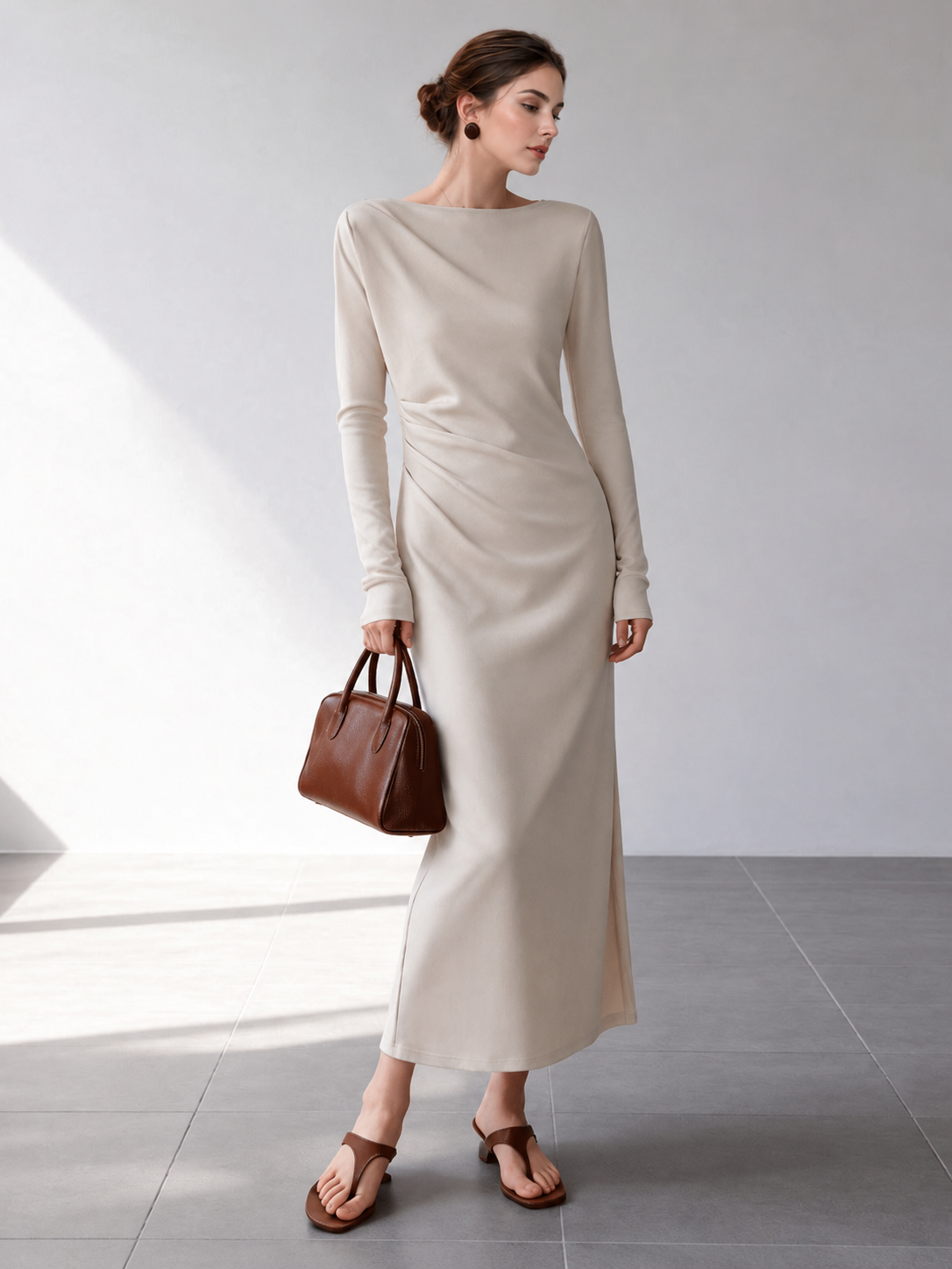 Oatmeal Long-Sleeve Ruched Midi Dress - Oatmeal