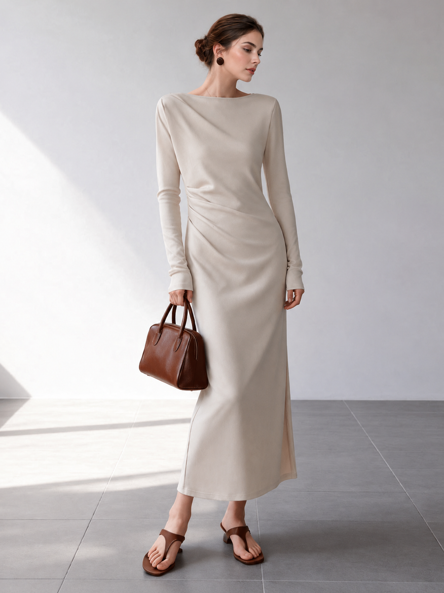 Oatmeal Long-Sleeve Ruched Midi Dress