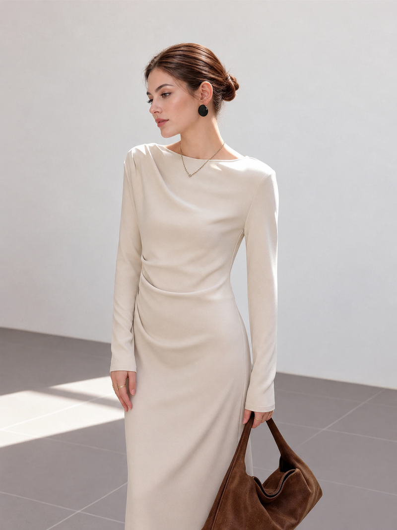 Oatmeal Long-Sleeve Ruched Midi Dress - Oatmeal