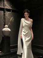 One-Shoulder Satin Maxi Dress with Scarf - Ivory