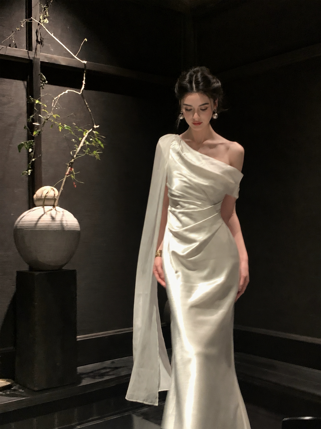 One-Shoulder Satin Maxi Dress with Scarf - Ivory
