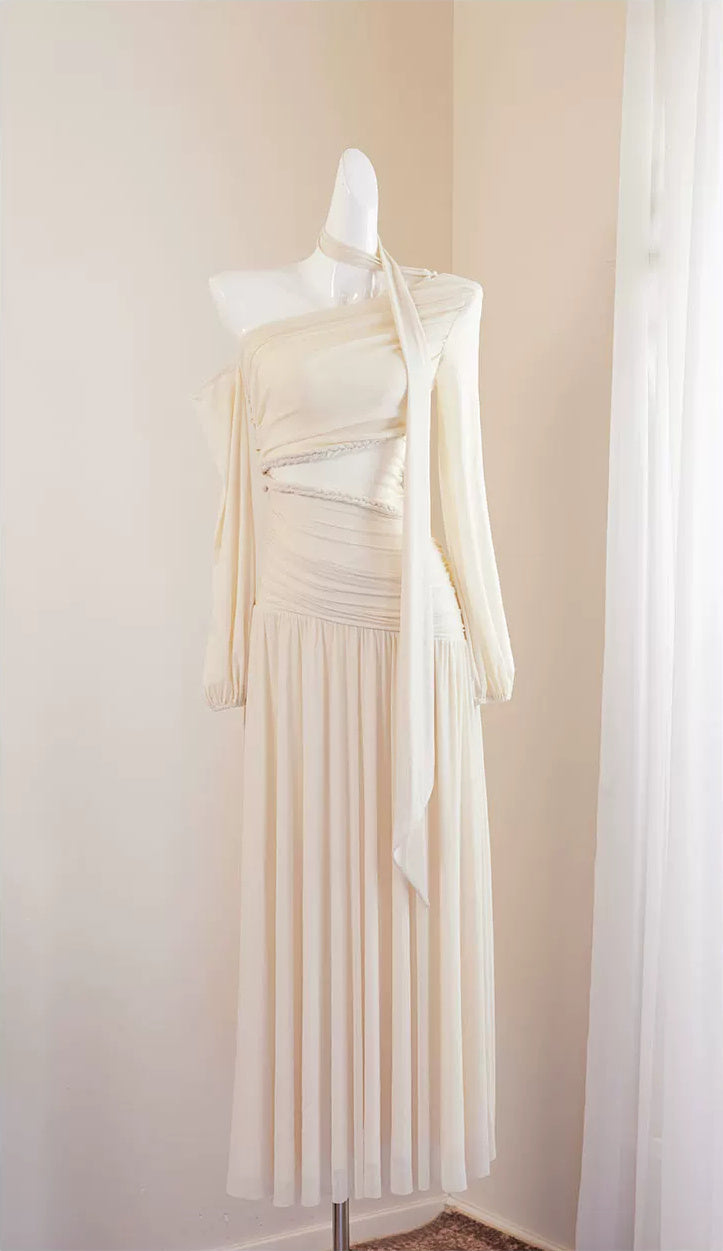 Asymmetric Sheer Long-Sleeve Bodycon Maxi Dress - garment detail