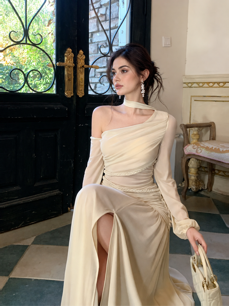 Asymmetric Sheer Long-Sleeve Bodycon Maxi Dress - Ivory