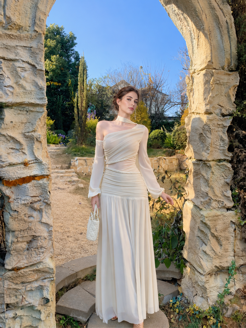 Asymmetric Sheer Long-Sleeve Bodycon Maxi Dress - Ivory